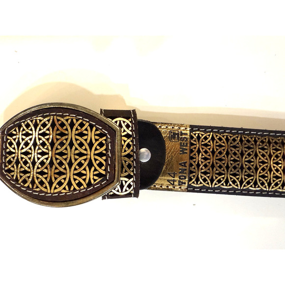 Tona West Leather Belt Mens 44 Brown Gold Tooled Pattern Western Cowboy Buckle - Picture 2 of 5